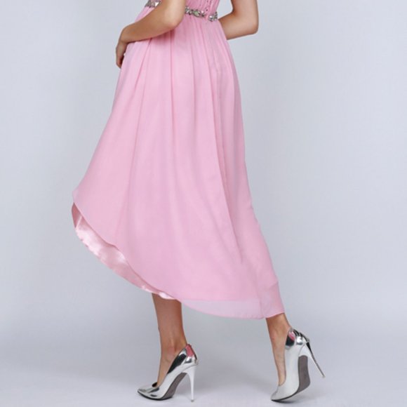 NEW SLEEVELESS STRAPLESS A-LINE POLYESTER GOWN WITH EMBROIDERED WAISTLINE JT 747 - Picture 6 of 9